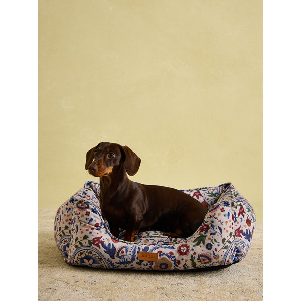 Dachshund Laying on Joules Festival Floral Box Bed