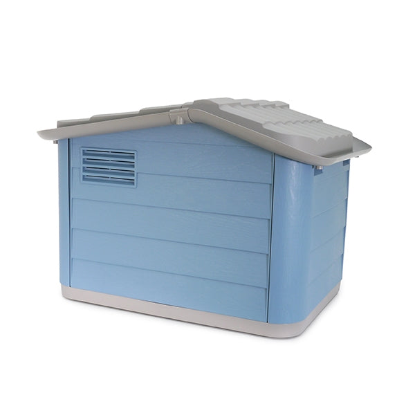 Rear view of Knock-down Pet House in blue