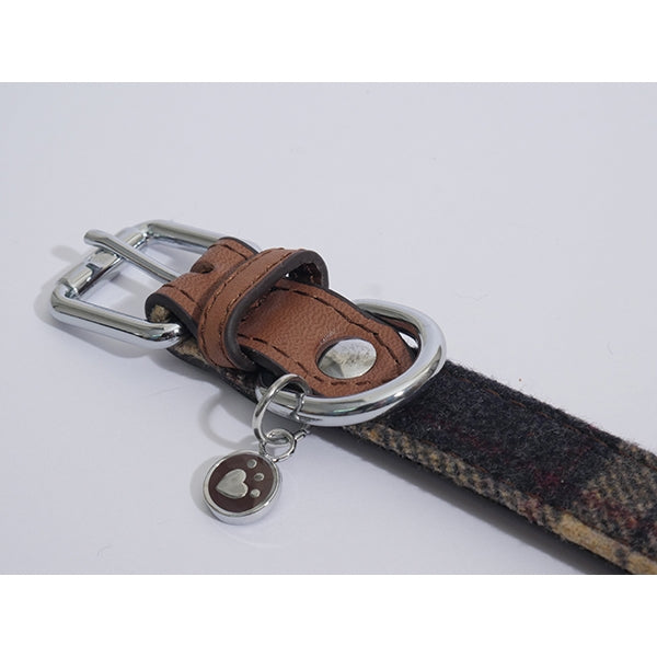 Close up of buckle onLuxury Leather Tweed Check Collar