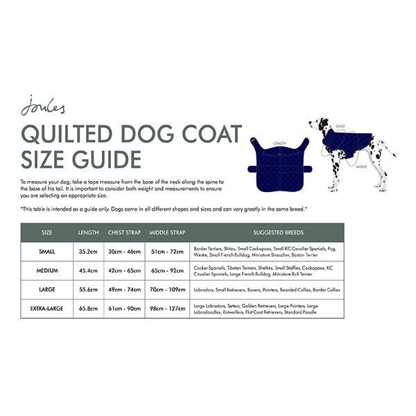 Size guide for Joules Quilted Dog Coat in Navy