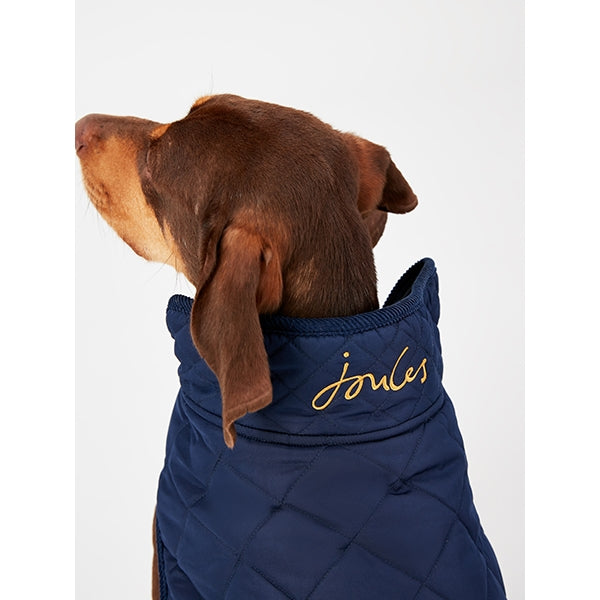Close up of neck of Joules Quilted Dog Coat in Navy