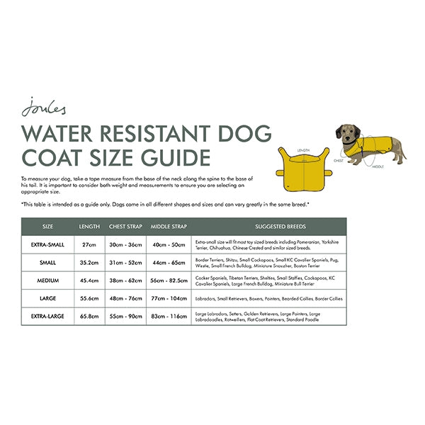 Size guide for Joules Water Resistant Dog Coat