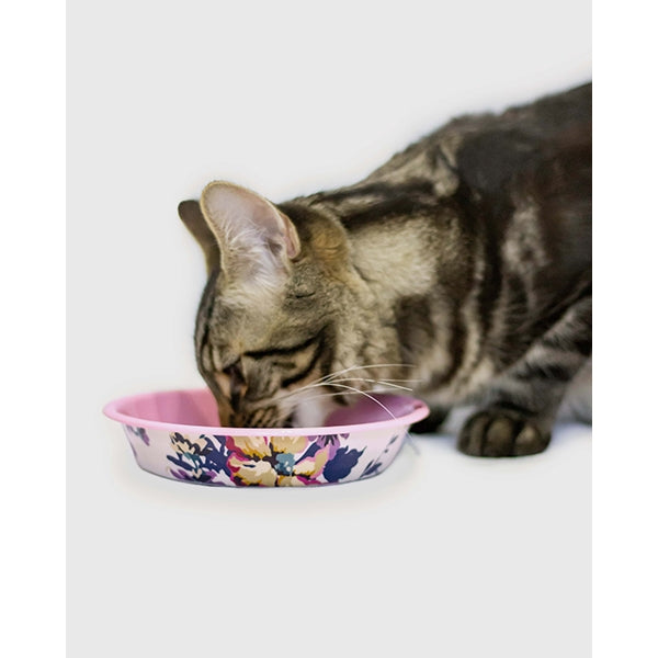 Close up of cat eating from Joules Cambridge Floral Cat Bowl