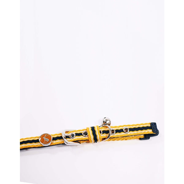 Close up of adjustable sections of Joules Coastal Cat Collars in yellow, blue and white