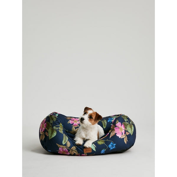 Small dog laying in Joules Botanical Floral Box Bed