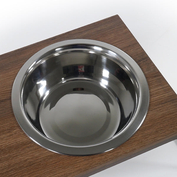 Close up of plain steel bowl from Slow Feeder Wooden Double Diner