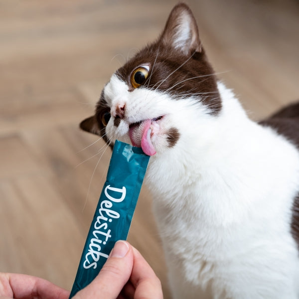 Cat licking Salmon and Chicken Delisticks