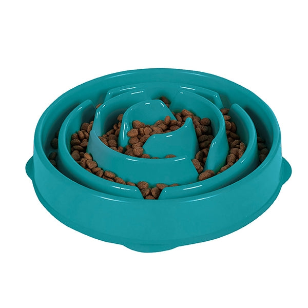 View from side of Outward Hound Fun Feeder Drop in turquoise with food