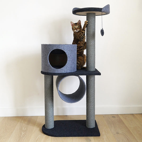 Cat playing on Charcoal Felt Cat Double Tower