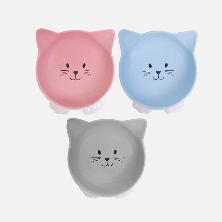 Ceramic Cat Face Pet Bowl - 3 Assorted Colours