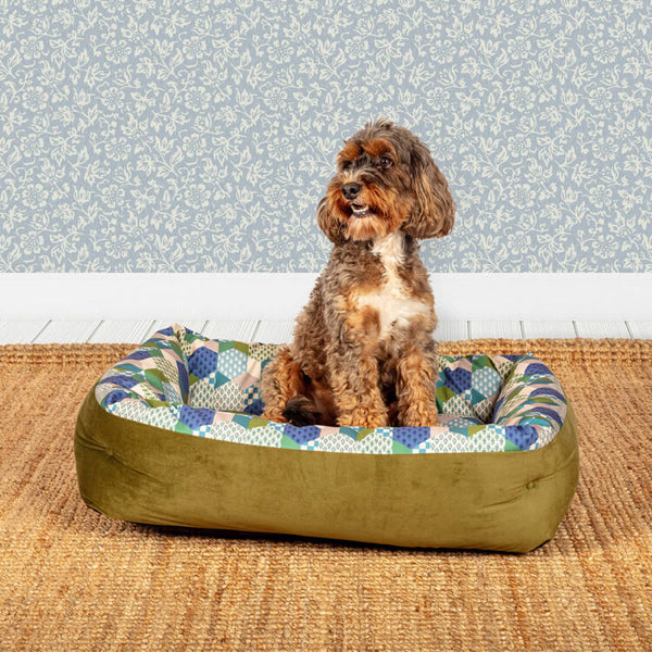 Dog sitting on Laura Ashley Thistle Patchwork Lounger