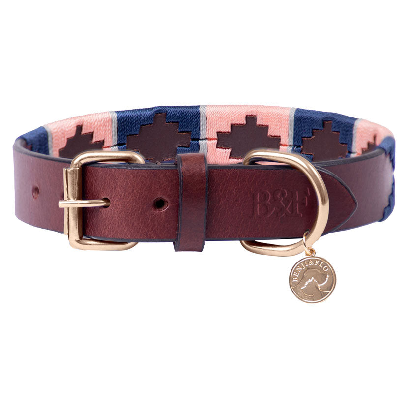 Benji & Flo Sublime Polo Leather Dog Collar in Navy & Rose