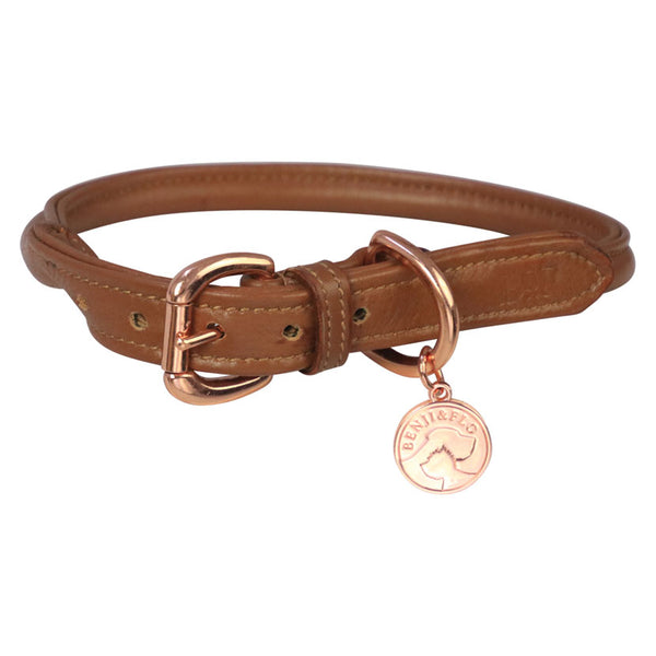 Benji & Flo Superior Rolled Leather Dog Collar in tan