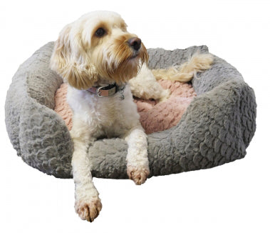 Dog laying on Grey & Pink Bed