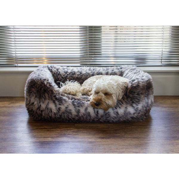 Dog asleep in Brown Cosy Fur Print Bed