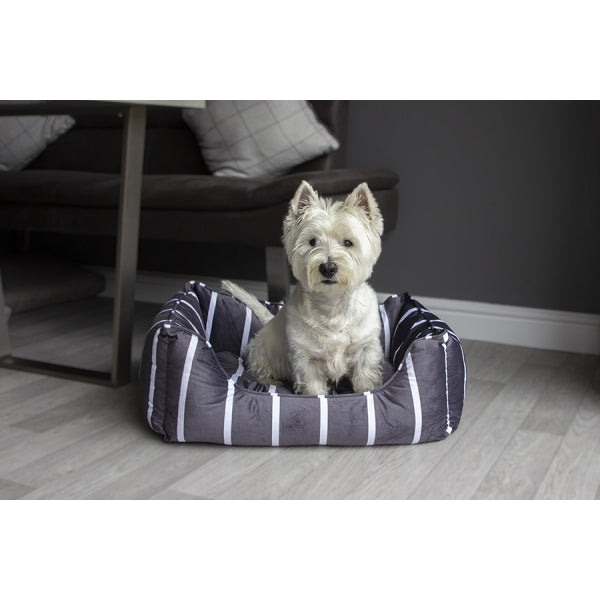 Dog sat in Grey Velvet Stripes Bed