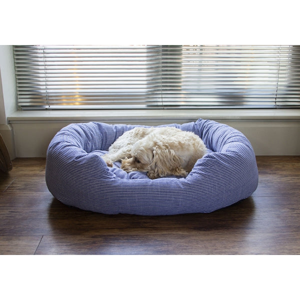 Dog curled up in Blue Sky Stripes Bed
