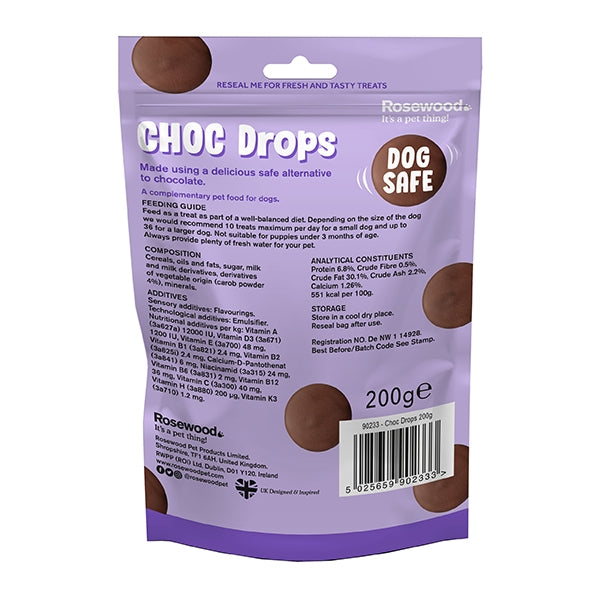 Rear view of packet of Choc Drops for Dogs 