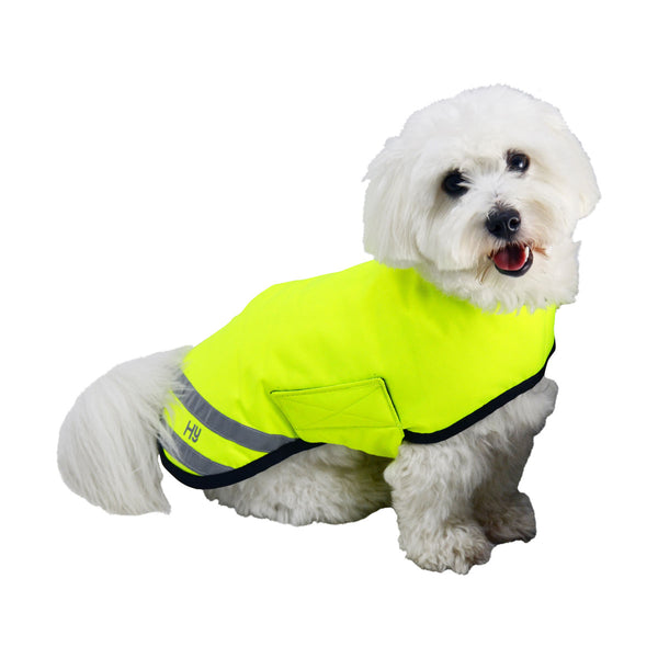 Side view of small dog wearin Benji & Flo Reflector Waterproof Dog Coat by Hy Equestrian in yellow
