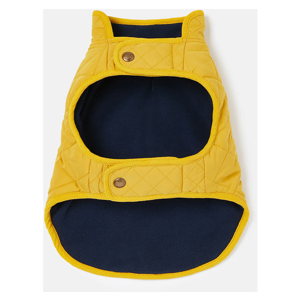 Underside view of Joules Quilted Dog Coat in Antique Gold