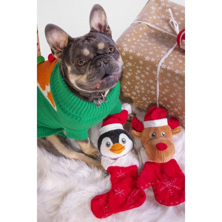 Crinkle Plush Stocking and Glove Dog Toy - Reindeer or Penguin