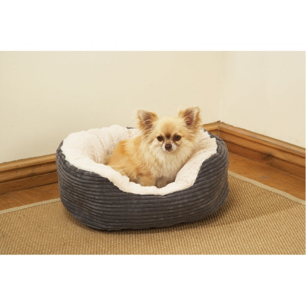 Dog sat in Grey Jumbo Cord Plush Bed